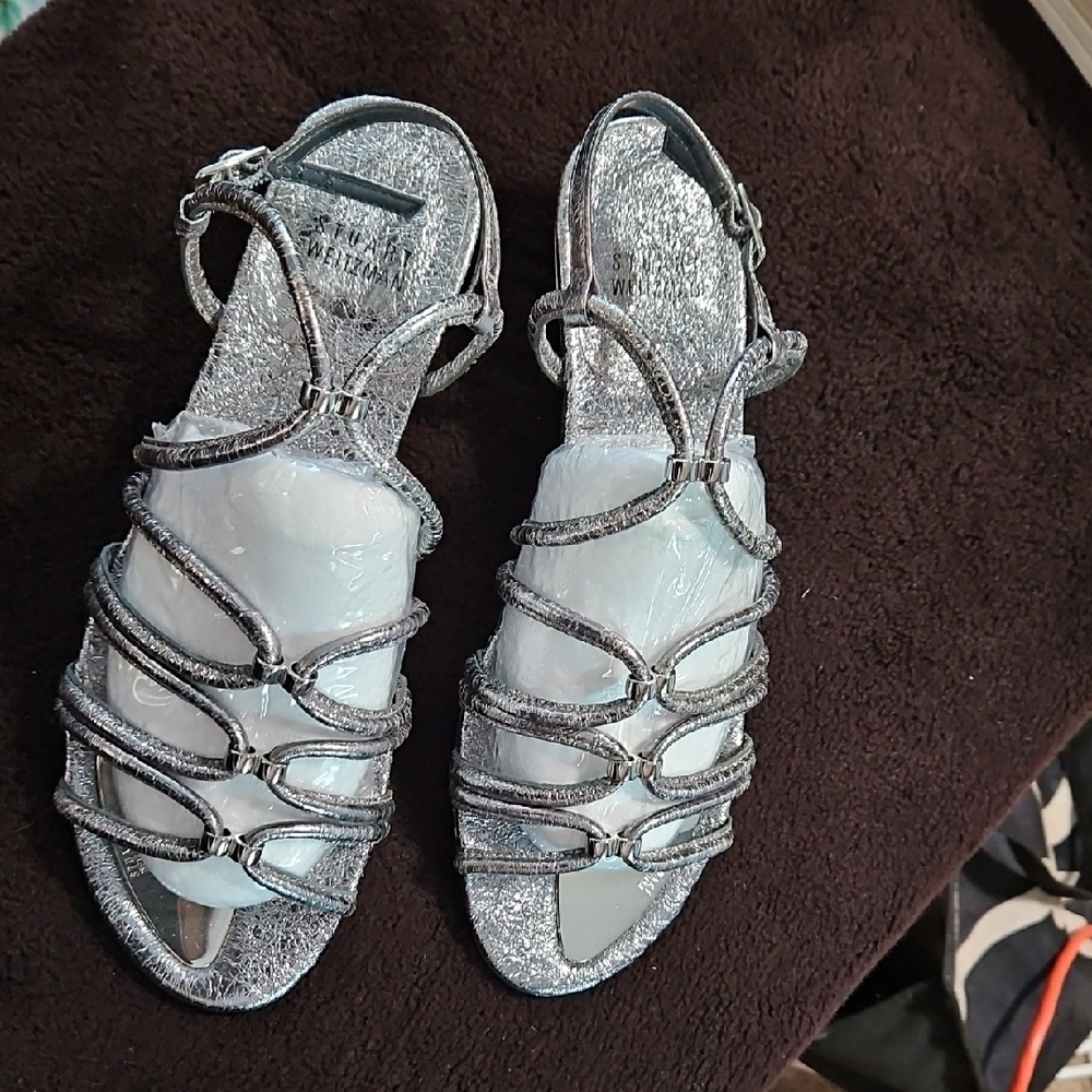 Stuart Weitzman Shimmering Silver Strappy Sandals